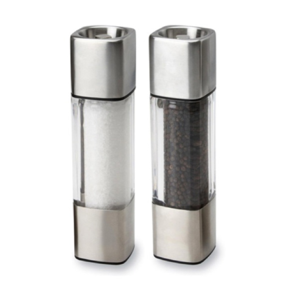 EUC Olde Thompson Manhattan Salt & Pepper Set - Stainless Steel & Acrylic - 8”H